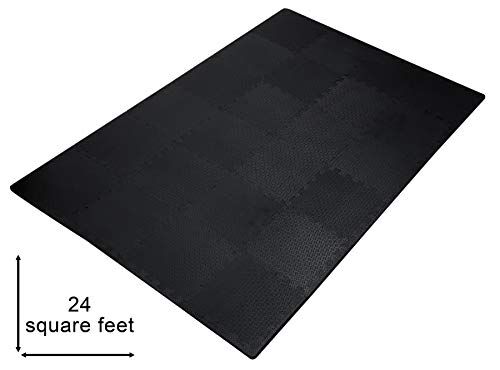 Edukit EVA Gym Foam Mat 24 Pieces 30.5 x 30.5cm Black Non Slip Interlocking Puzzle Floor Tiles for Home Exercising Flooring Supplies